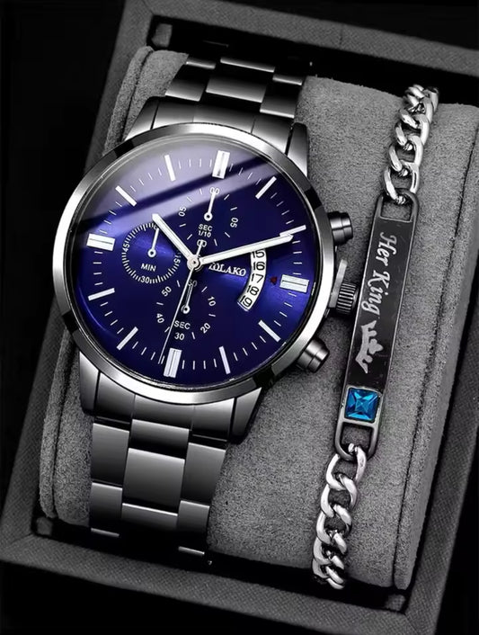 2PCs Business Men Watch+Chain Bracelet Set Watch