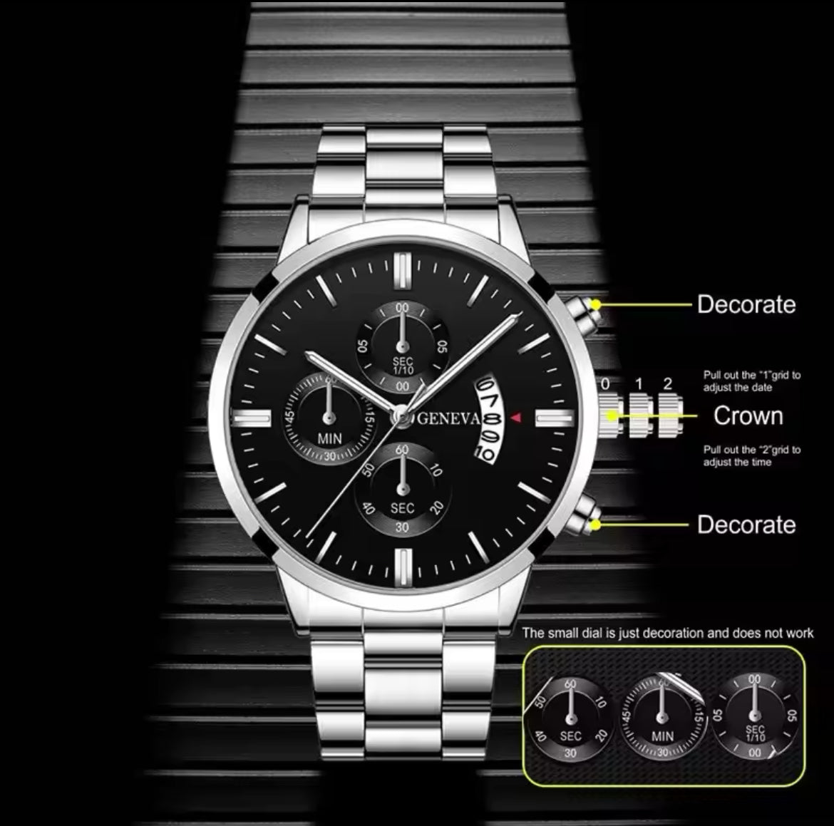 GENEVA Fashion Men Stainless Steel Watch Luxury